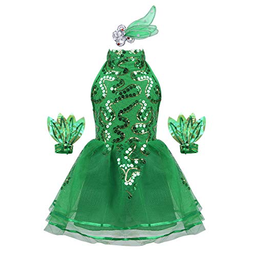 iiniim Vestido Princesa con Lentejuelas Flores Hojas Niña Traje de Baile Jazz Patinaje Artistico Tutú Danza Ballet Falda de Malla Conjunto Brillante con Muñequeras Disfraz Elfo Arbol Verde 2-3 Años