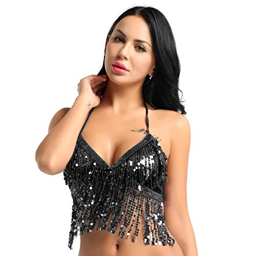 iixpin Crop Top de Danza Vientre Mujer Sujetador Cuello Halter con Lentejuelas de Danza Oriental Disfraz Bailarín Mujer Sostén Bralettes de Baile Negro A Talla Única