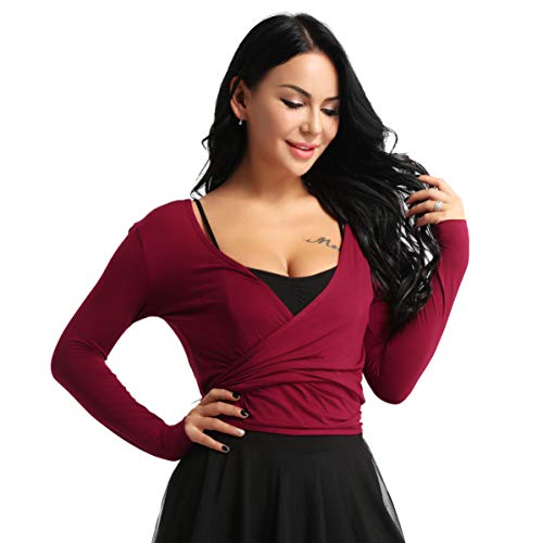 iixpin Mujer Cardigan Cruzado Wraps Chaqueta de Danza Ballet Top Baile Latino Camiseta Manga Larga Cuello V Bolero para Maillot Ballet Rojo M