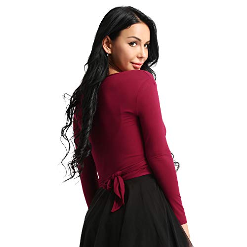 iixpin Mujer Cardigan Cruzado Wraps Chaqueta de Danza Ballet Top Baile Latino Camiseta Manga Larga Cuello V Bolero para Maillot Ballet Rojo M