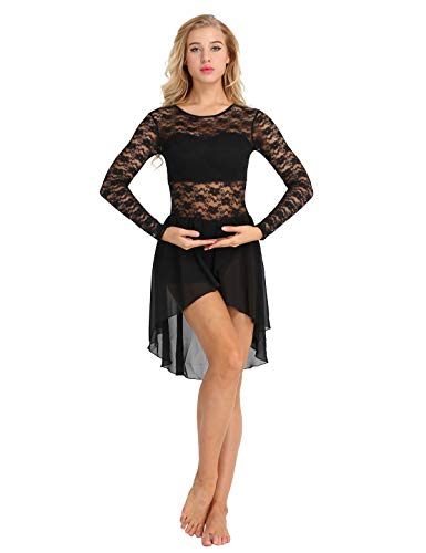 iixpin Mujer Vestido de Encaje Floral Manga Larga Falda Chifón Irregular Mailot de Baile Latín Danza Lírica Contemporánea Leotado Clásico para Fiesta Actuación Dancewear Ballet Negro Small