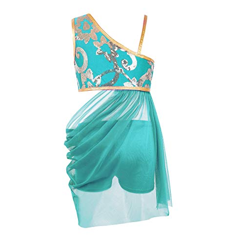 iixpin Vestido de Danza Lírica Contemporánea para Niñas 2Pcs Conjunto Traje de Baile Vestido Diseño Asimetrico Un Hombro de Tirantes Falda Corte Irreguular Pantalones Cortos Lago Azul 14 Años