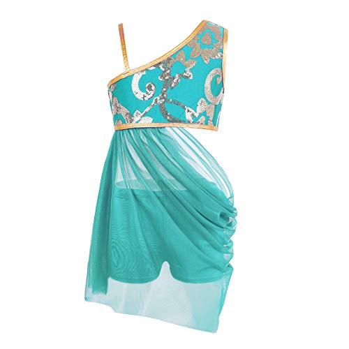 iixpin Vestido de Danza Lírica Contemporánea para Niñas 2Pcs Conjunto Traje de Baile Vestido Diseño Asimetrico Un Hombro de Tirantes Falda Corte Irreguular Pantalones Cortos Lago Azul 14 Años