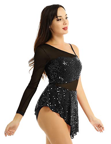 iixpin Vestido de Danza Lírica Moderna para Mujer Maillot de Patinaje Artística con Lentejuelas Brillante Traje Bailarina Falda Asimétrica con Bragas Negro A Small