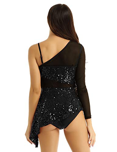 iixpin Vestido de Danza Lírica Moderna para Mujer Maillot de Patinaje Artística con Lentejuelas Brillante Traje Bailarina Falda Asimétrica con Bragas Negro A Small