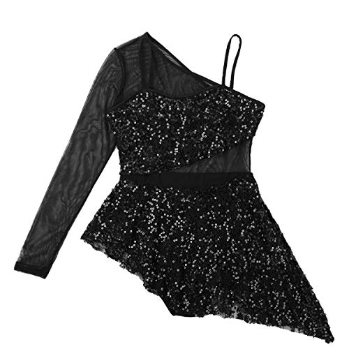 iixpin Vestido de Danza Lírica Moderna para Mujer Maillot de Patinaje Artística con Lentejuelas Brillante Traje Bailarina Falda Asimétrica con Bragas Negro A Small