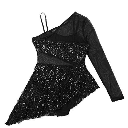 iixpin Vestido de Danza Lírica Moderna para Mujer Maillot de Patinaje Artística con Lentejuelas Brillante Traje Bailarina Falda Asimétrica con Bragas Negro A Small