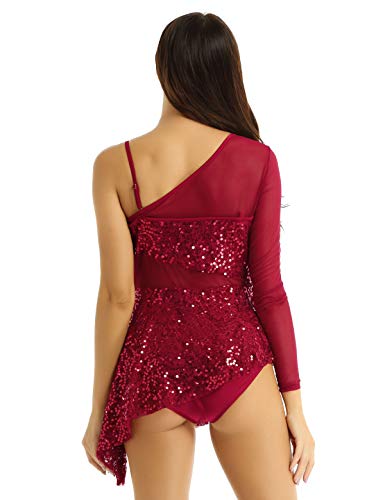 iixpin Vestido de Danza Lírica Moderna para Mujer Maillot de Patinaje Artística con Lentejuelas Brillante Traje Bailarina Falda Asimétrica con Bragas Burdeos A Small