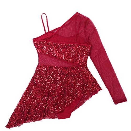 iixpin Vestido de Danza Lírica Moderna para Mujer Maillot de Patinaje Artística con Lentejuelas Brillante Traje Bailarina Falda Asimétrica con Bragas Burdeos A Small