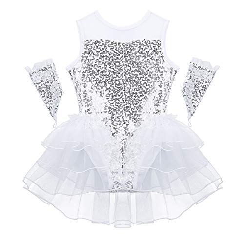 iixpin Vestido Infantil de Danza Ballet con Manguitas Traje Bailarina de Jazz Mono con Lentejuelas Brillante para Niñas 4-12 Años Blanco 12 años