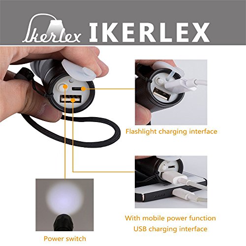 IKERLEX USB Linterna Recargable Directamente LED Linterna Tácticas Militar con Batería Incorporada 3 Modos Zoomable Perfecta para Ciclismo,Camping, Montañismo (USB linterna)