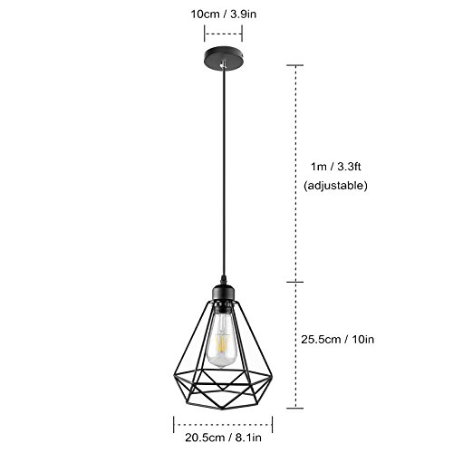 Iluminación colgante pintada industrial del hierro, ONEVER Colgante ligero pendiente de la jaula del diamante, Lámpara colgante de Droplight, Enchufe E27, CA 85-240V, ninguÌ n bulbo