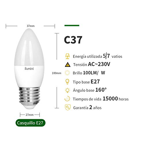 ilumini Bombillas LED C37 Vela Casquillo E27,5W equivalente a 45w .3000K Luz Cálida. 470 Lúmenes [Clase de eficiencia energética A+] PACK DE 5
