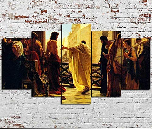 Imágenes de arte de pared de 5 paneles Jesús cristiano juzgado por Pilato Cristo Imprimir en lienzo La imagen para el hogar Decoración moderna Pieza estirada por marco de madera listo para colgar