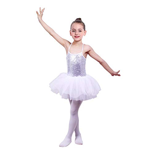 IMEKIS - Maillot de ballet para niña, sin mangas, con tutú, falda de gimnasia, traje de gimnasia, traje de ballet de algodón, primavera/verano, Niñas, color Blanco, tamaño 7-8 años