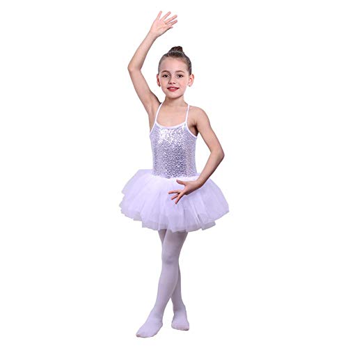 IMEKIS - Maillot de ballet para niña, sin mangas, con tutú, falda de gimnasia, traje de gimnasia, traje de ballet de algodón, primavera/verano, Niñas, color Blanco, tamaño 7-8 años