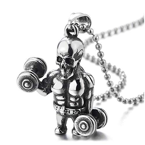 iMETACLII Acero Músculo Cráneo Agarrando Barra con Pesas Pesa de Gimnasia Colgante Collar con Colgante de Hombre, Bola Cadena 60CM iMETACLII Acero Músculo Cráneo Agarrando Barra con Pesas Pesa de Gimnasia Colgante Collar con Colgante de Hombre, Bola Cadena 60CM