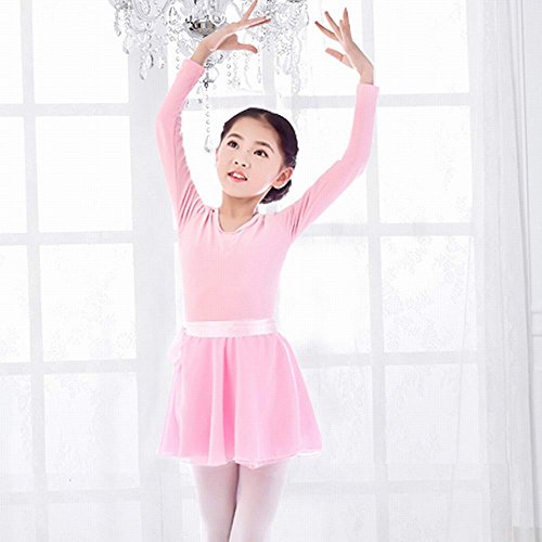 iMixCity Gimnasia Danza Leotardo Traje de Ballet de Manga Larga para Niñas de Ballet Equipamiento Básico con Falda Envolvente (130 (5-6 años de Edad), Rosa)