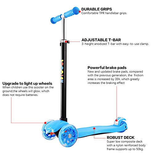 IMMEK Patinete de 3 Ruedas Scooter con Led Luces Manillar Altura Ajustable 71cm-83cm, Niños Adjustable Handles & Lightweight Construction