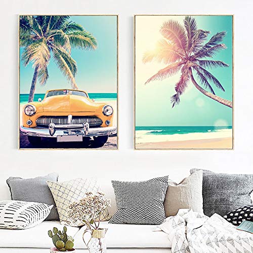 Impresiones en lienzo Seaside Beach Coconut Tree Estrella de mar Tabla de surf Pintura de arte de pared Carteles e impresiones nórdicos Pintura de pared decorativa Aniversario Regalos de cumpleaños