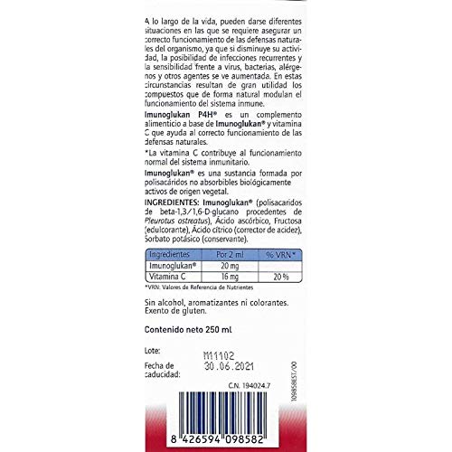 Imunoglukan jarabe 250ml - Formato Ahorro - Complemento alimenticio, con vitamina C que contribuye al correcto funcionamiento del sistema inmunitario. 1ml/5kg de peso.