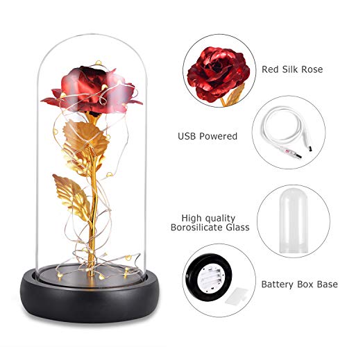 INAROCK La Bella y la Bestia Rose, Valentine Red Silk Rose en Dome Glass con 20 LED Fairy Lights String, Romántica Sorpresa para el Día de San Valentín, Día de la Madre, Aniversario de Bodas, Navidad