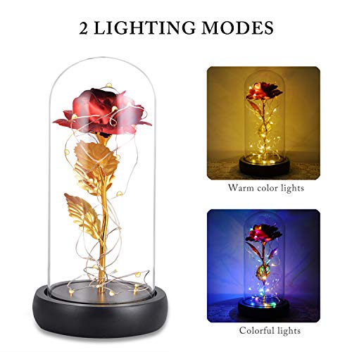 INAROCK La Bella y la Bestia Rose, Valentine Red Silk Rose en Dome Glass con 20 LED Fairy Lights String, Romántica Sorpresa para el Día de San Valentín, Día de la Madre, Aniversario de Bodas, Navidad