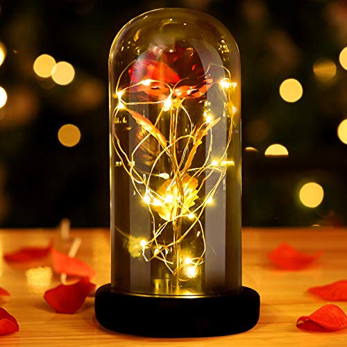 INAROCK La Bella y la Bestia Rose, Valentine Red Silk Rose en Dome Glass con 20 LED Fairy Lights String, Romántica Sorpresa para el Día de San Valentín, Día de la Madre, Aniversario de Bodas, Navidad