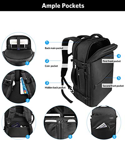 Inateck 40L Mochila de Viaje Hombre Mujer Maleta de Cabina Mochila de Equipaje de Mano Aprobada para Transporte Aéreo Avion IATA/EasyJet/Ryanair, Negro