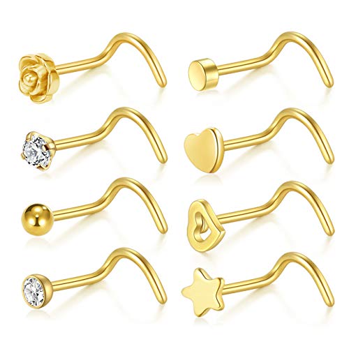 incaton 20G Acero quirúrgico Nariz Stud Anillo Twister Tornillos Piercing Conjunto de Joyas, 8 Estilos, Oro incaton 20G Acero quirúrgico Nariz Stud Anillo Twister Tornillos Piercing Conjunto de Joyas, 8 Estilos, Oro