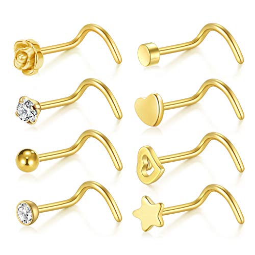 incaton 20G Acero quirúrgico Nariz Stud Anillo Twister Tornillos Piercing Conjunto de Joyas, 8 Estilos, Oro