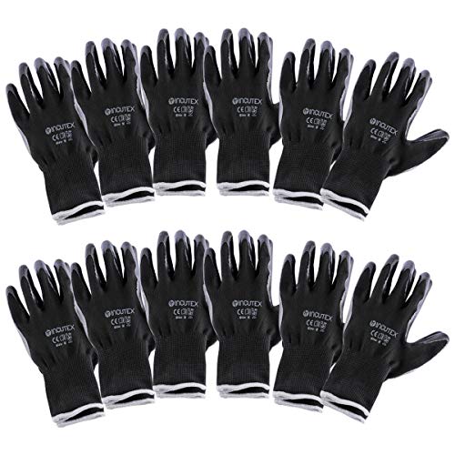 Incutex 12 pares guantes de trabajo guantes de montaje guantes mecánico guantes de construcción con revestimiento en nitrilo, talla 8 M