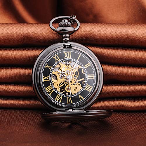 Infinito U- Vendimia Negro Reloj de Bolsillo Mecánico para Hombres Mujeres Escala Numeral Romano con 2 Cadenas