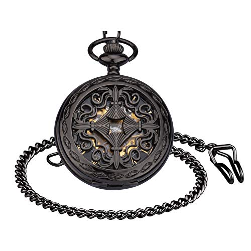 Infinito U- Vendimia Negro Reloj de Bolsillo Mecánico para Hombres Mujeres Escala Numeral Romano con 2 Cadenas