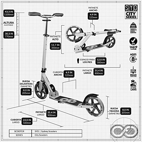 Infinity Scooters Patinete Plegable para Niños y Adultos - Patinete Scooter de Ruedas Grandes 205mm ABEC-7 con Manillar Ajustable en Altura (Sydney Negro)