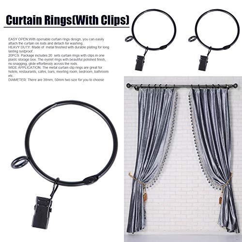 INGHU - Anillos de cortina abiertos, 20 unidades, anillo de actividad, anillo de metal con clips, anillos de suspensión de barras de cortina, resistentes, 38/50 mm para decoración interior