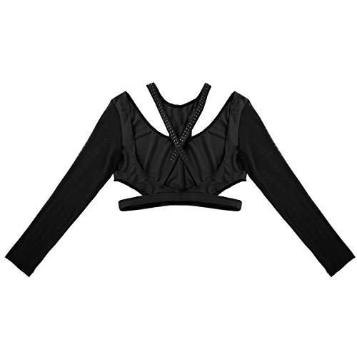 inhzoy Camiseta de Danza Ballet Diamantes para Mujer Top de Danza Contemporánea Manga Larga Espalda Cruzada Ropa de Baile Gimnasia Dancewear Negro X-Small