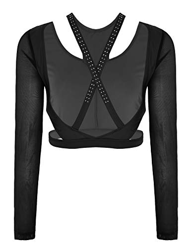 inhzoy Camiseta de Danza Ballet Diamantes para Mujer Top de Danza Contemporánea Manga Larga Espalda Cruzada Ropa de Baile Gimnasia Dancewear Negro X-Small