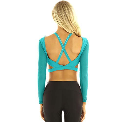 inhzoy Camiseta de Danza Ballet Diamantes para Mujer Top de Danza Contemporánea Manga Larga Espalda Cruzada Ropa de Baile Gimnasia Dancewear Teal Small