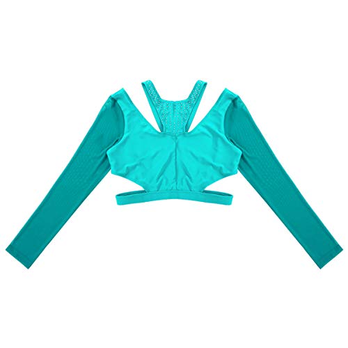 inhzoy Camiseta de Danza Ballet Diamantes para Mujer Top de Danza Contemporánea Manga Larga Espalda Cruzada Ropa de Baile Gimnasia Dancewear Teal Small