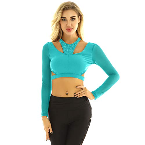 inhzoy Camiseta de Danza Ballet Diamantes para Mujer Top de Danza Contemporánea Manga Larga Espalda Cruzada Ropa de Baile Gimnasia Dancewear Teal Small