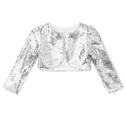 inhzoy Crop Top de Danza Lentejuelas Niñas Chaqueta Bolero de Fiesta Ceremonia Cárdigan Manga Larga Ropa de Baile Moderno Traje de Actuación Plateado 8-9 Años