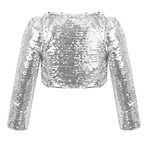 inhzoy Crop Top de Danza Lentejuelas Niñas Chaqueta Bolero de Fiesta Ceremonia Cárdigan Manga Larga Ropa de Baile Moderno Traje de Actuación Plateado 8-9 Años