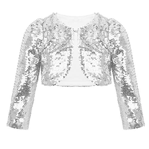 inhzoy Crop Top de Danza Lentejuelas Niñas Chaqueta Bolero de Fiesta Ceremonia Cárdigan Manga Larga Ropa de Baile Moderno Traje de Actuación Plateado 8-9 Años