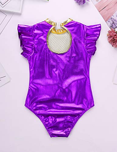 inhzoy Maillot Charol de Gimnasia Rítmica para Niña Leotado de Danza Ballet Lentejuelas Manga con Volantes Disfraz de Bailarina Body Patinaje Baile Morado 6 Años