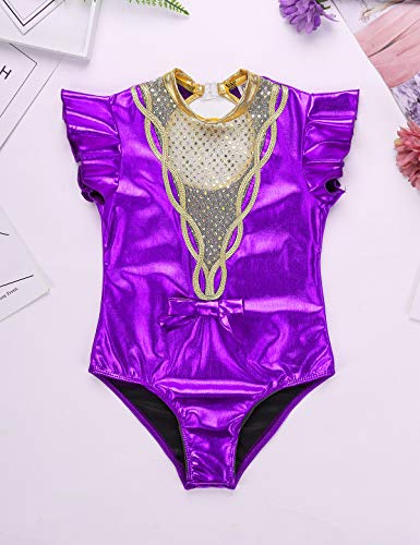 inhzoy Maillot Charol de Gimnasia Rítmica para Niña Leotado de Danza Ballet Lentejuelas Manga con Volantes Disfraz de Bailarina Body Patinaje Baile Morado 6 Años