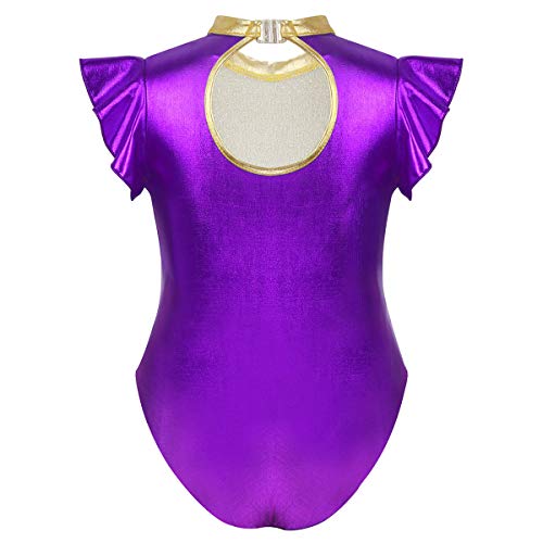 inhzoy Maillot Charol de Gimnasia Rítmica para Niña Leotado de Danza Ballet Lentejuelas Manga con Volantes Disfraz de Bailarina Body Patinaje Baile Morado 6 Años