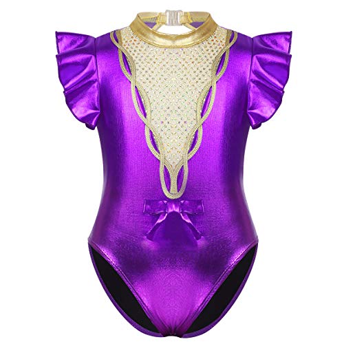 inhzoy Maillot Charol de Gimnasia Rítmica para Niña Leotado de Danza Ballet Lentejuelas Manga con Volantes Disfraz de Bailarina Body Patinaje Baile Morado 6 Años