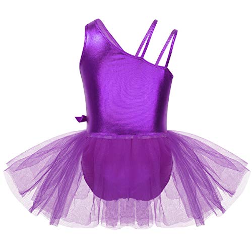 inhzoy Maillot de Ballet Charol para Niña Vestido Tutú de Danza Clásica Un Hombro Brillante Leotardo Body de Gimnasia Rítmica Patinaje Disfraz de Bailarina Morado 4 Años