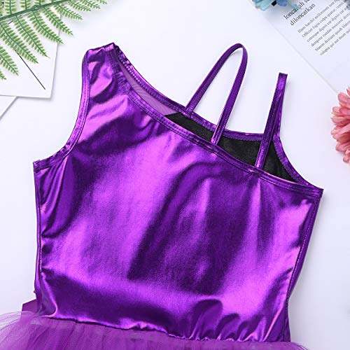 inhzoy Maillot de Ballet Charol para Niña Vestido Tutú de Danza Clásica Un Hombro Brillante Leotardo Body de Gimnasia Rítmica Patinaje Disfraz de Bailarina Morado 4 Años